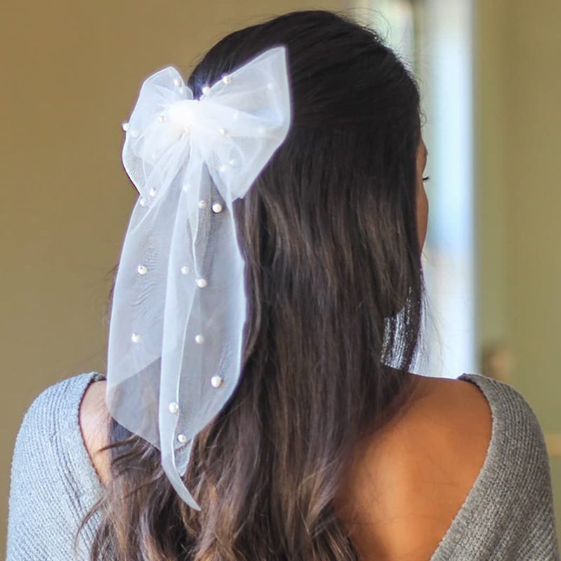 JONKY Bride Wedding Hair Bow Weil Bridal White Short Clip for Women (Style3) - Image 3
